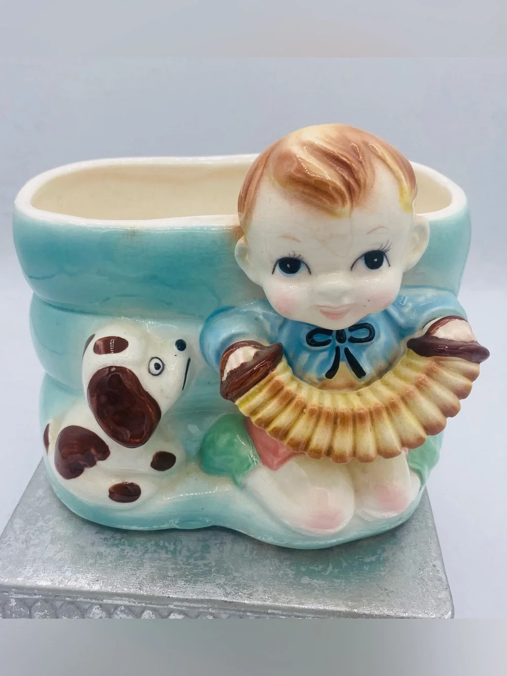 Vintage Rubens Original Ceramic Baby Planter with Accordion & Dog Japan 40s-60s